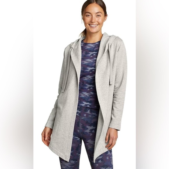 Eddie Bauer Women’s Motion Crazy Camp Open Wrap Heather Gray Hooded Sweatshirt - Picture 1 of 9